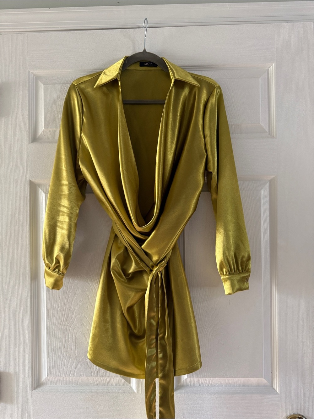 Satin Wrap Mini Dress in Olive Green - Unbranded